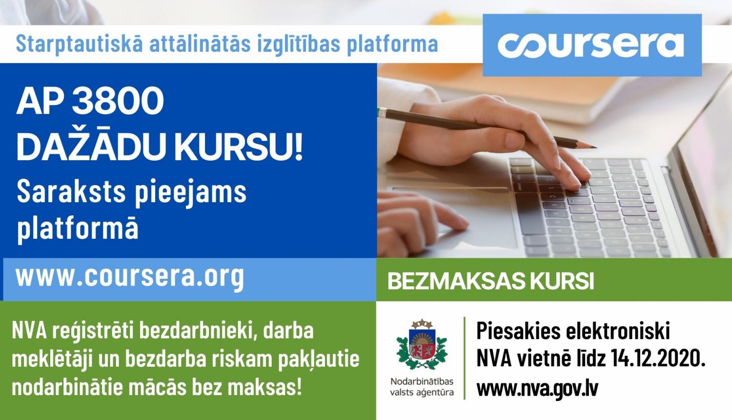 NVA aicina pieteikties bezmaksas mācībām attālinātās izglītības platformā “Coursera”