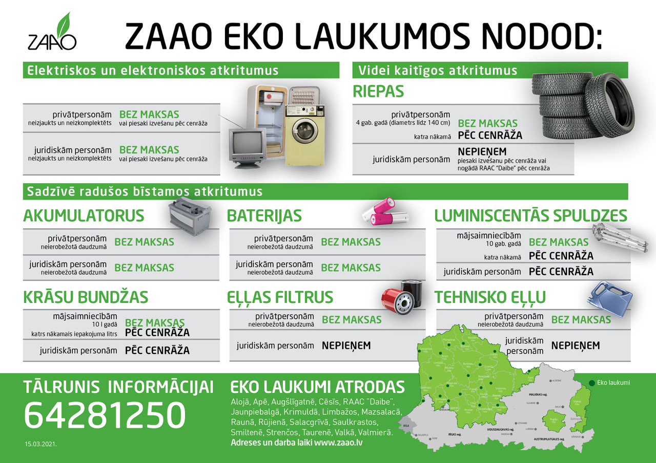 “ZAAO” EKO laukumos iespējams nodot dažādus atkritumu veidus