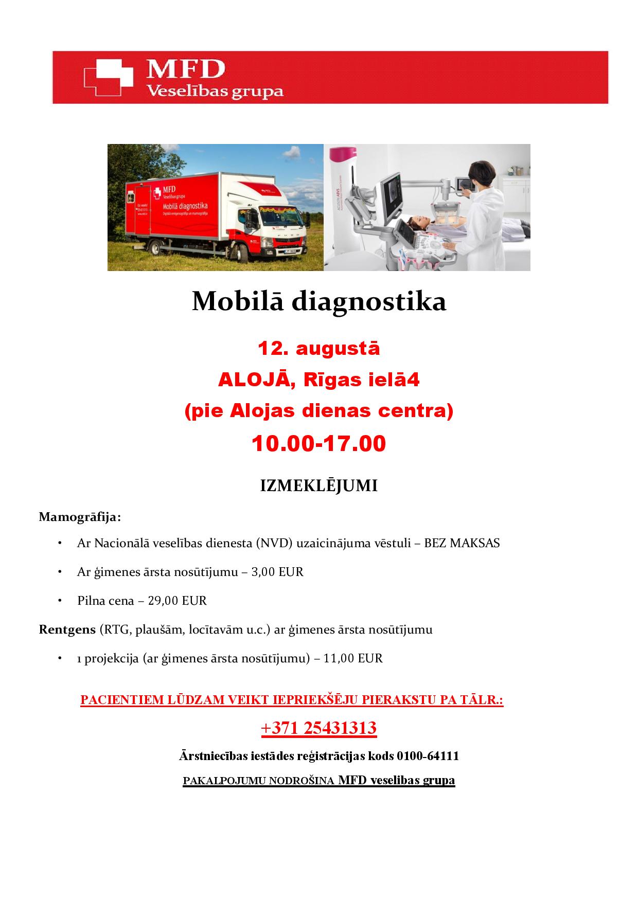 Mobilā diagnostika Alojā augustā